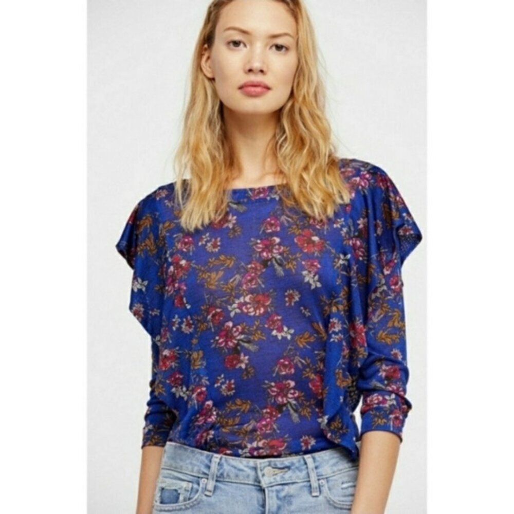 Free People Dock Street Floral Print Ruffle Blouse Womens Size XS Whimsigoth